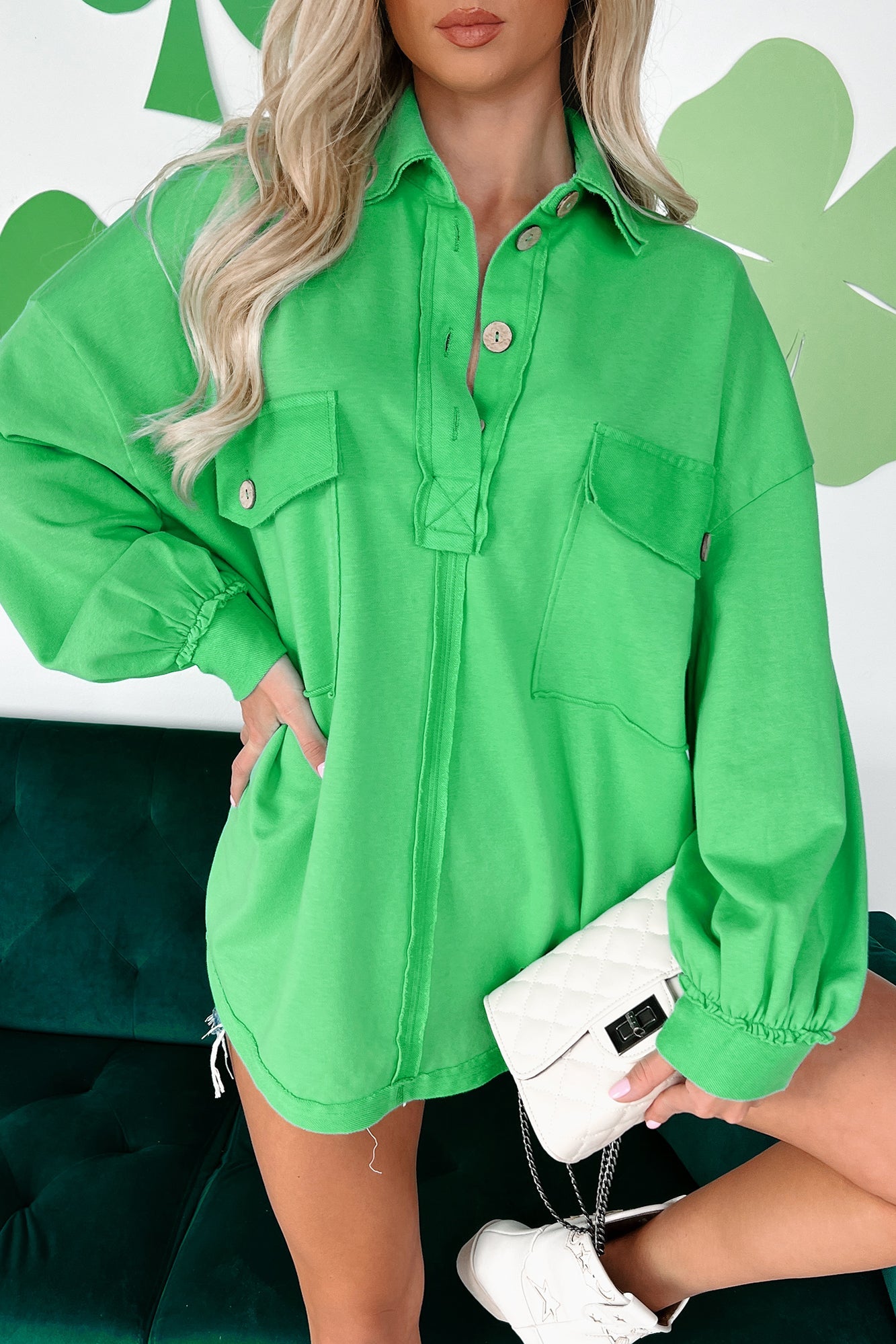 Triona Oversized Long Sleeve Collared Shirt (Apple Green)