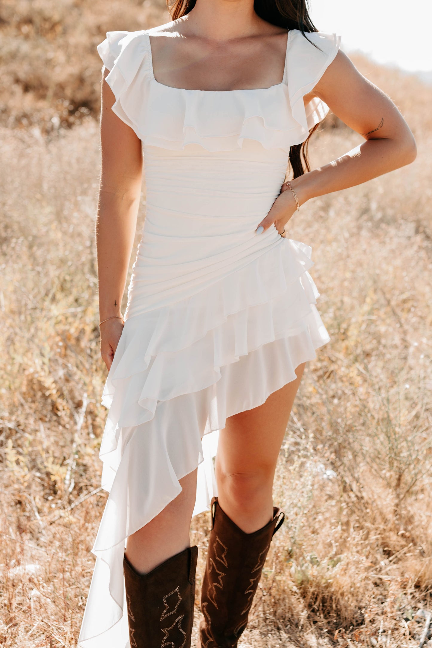 Perfectly Peachy Off The Shoulder Mini Dress (Ivory)