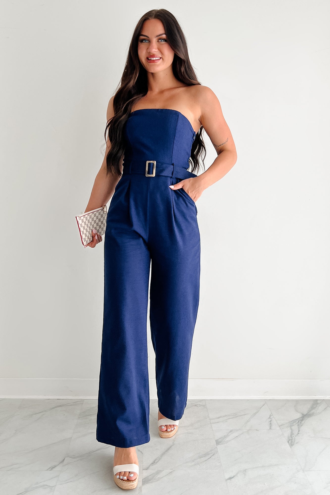 One More Page Strapless Belted Jumpsuit (Navy)