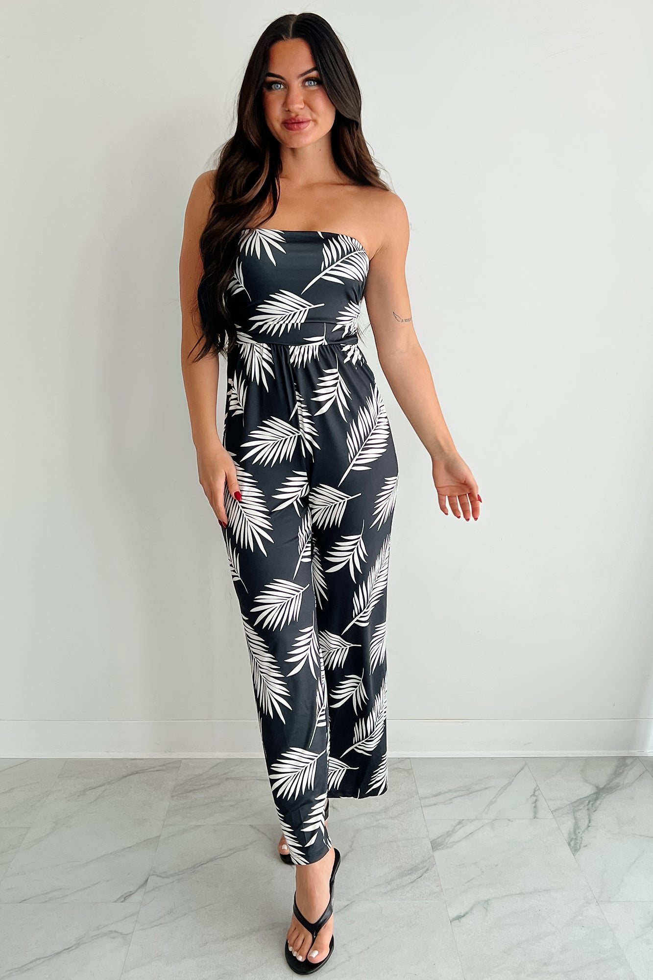 Palm Plans Strapless Leaf Print Jumpsuit (Black)
