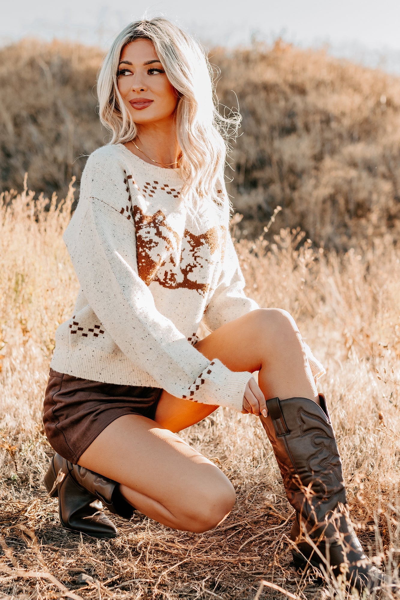 Rodeo Radiance Horse Pattern Knit Sweater (Oatmeal)