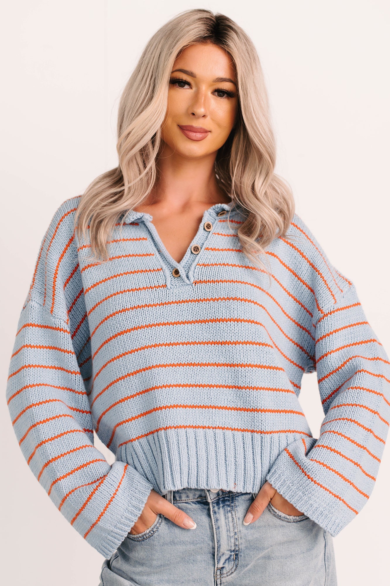 Sunday Comfort Striped Henley Sweater (Blue/Orange)
